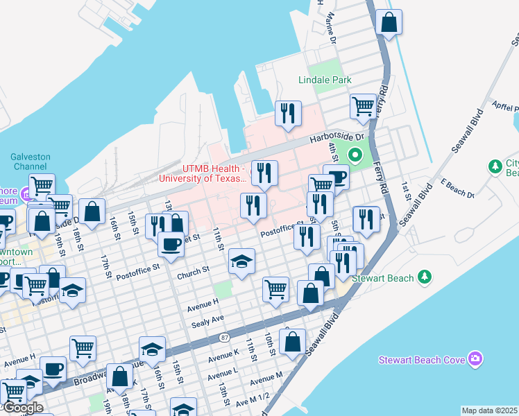 map of restaurants, bars, coffee shops, grocery stores, and more near in Galveston