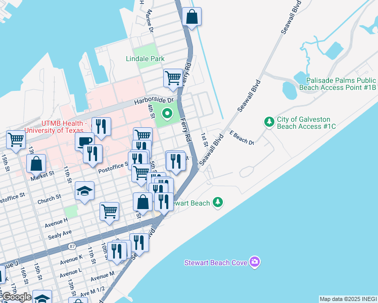 map of restaurants, bars, coffee shops, grocery stores, and more near 302 Church Street in Galveston