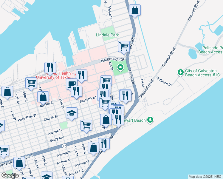 map of restaurants, bars, coffee shops, grocery stores, and more near 428 5th Street in Galveston
