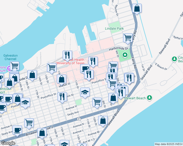 map of restaurants, bars, coffee shops, grocery stores, and more near in Galveston