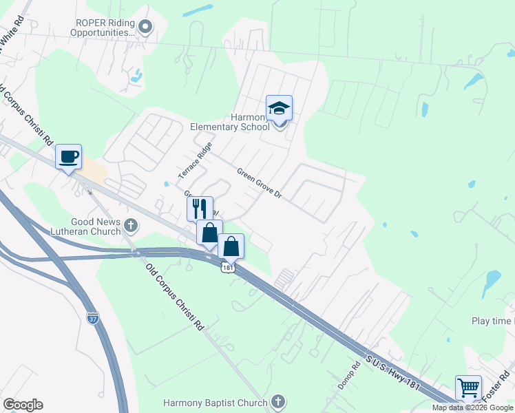 map of restaurants, bars, coffee shops, grocery stores, and more near 10826 Green Lake Street in San Antonio