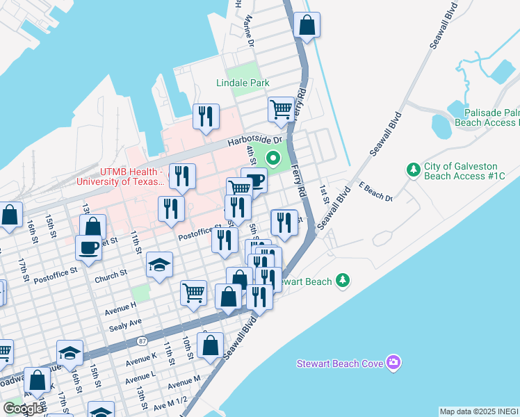 map of restaurants, bars, coffee shops, grocery stores, and more near 428 5th Street in Galveston