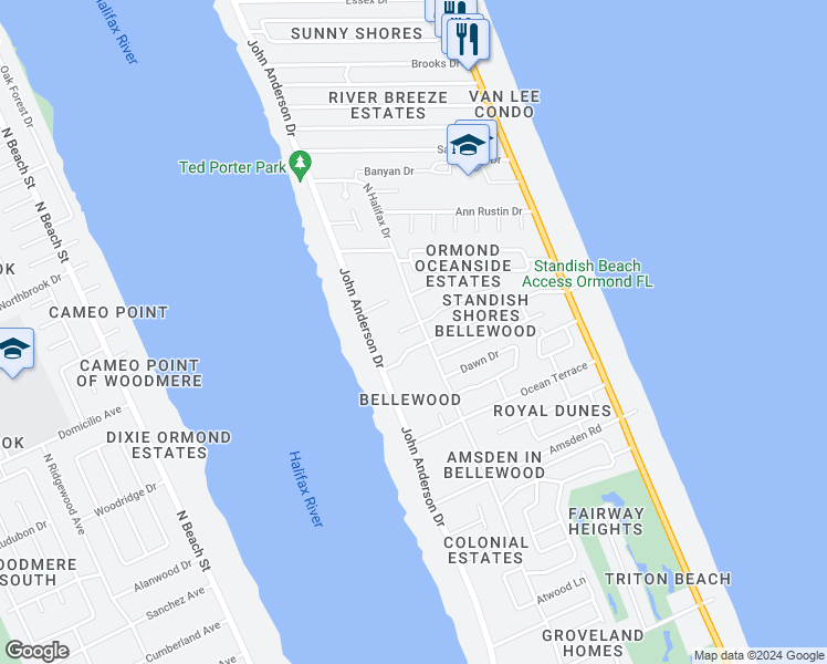 map of restaurants, bars, coffee shops, grocery stores, and more near 50 Bellewood Circle in Ormond Beach