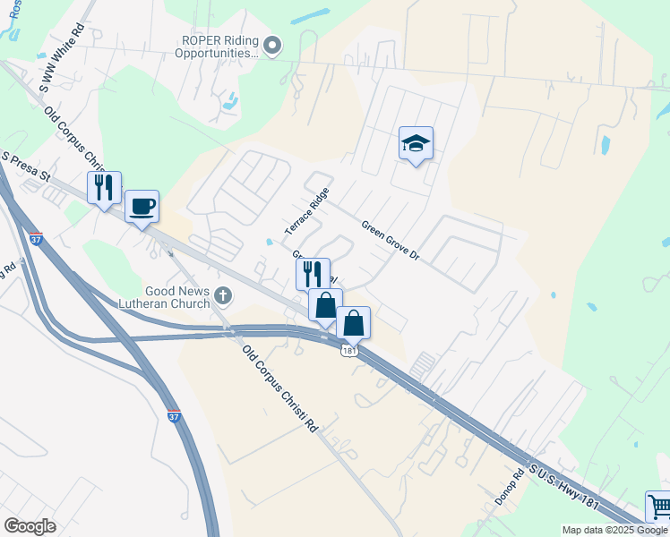 map of restaurants, bars, coffee shops, grocery stores, and more near 5210 Green Coral in San Antonio