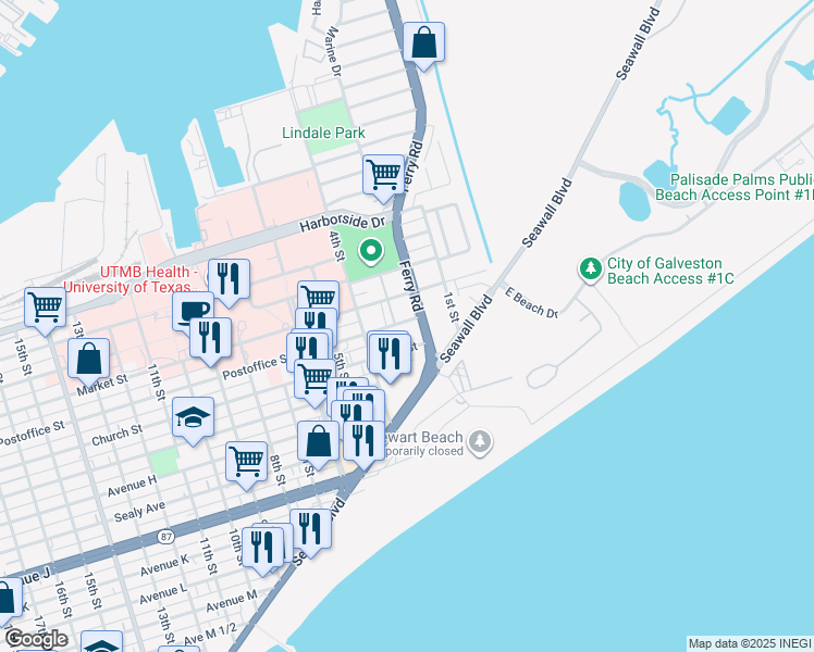 map of restaurants, bars, coffee shops, grocery stores, and more near 215 Post Office Street in Galveston