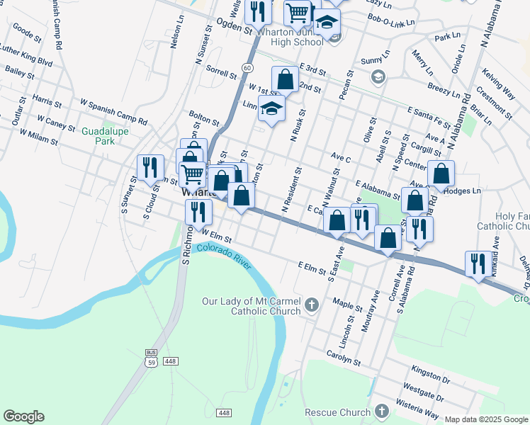map of restaurants, bars, coffee shops, grocery stores, and more near 205 East Milam Street in Wharton