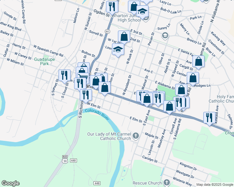map of restaurants, bars, coffee shops, grocery stores, and more near 205 East Milam Street in Wharton