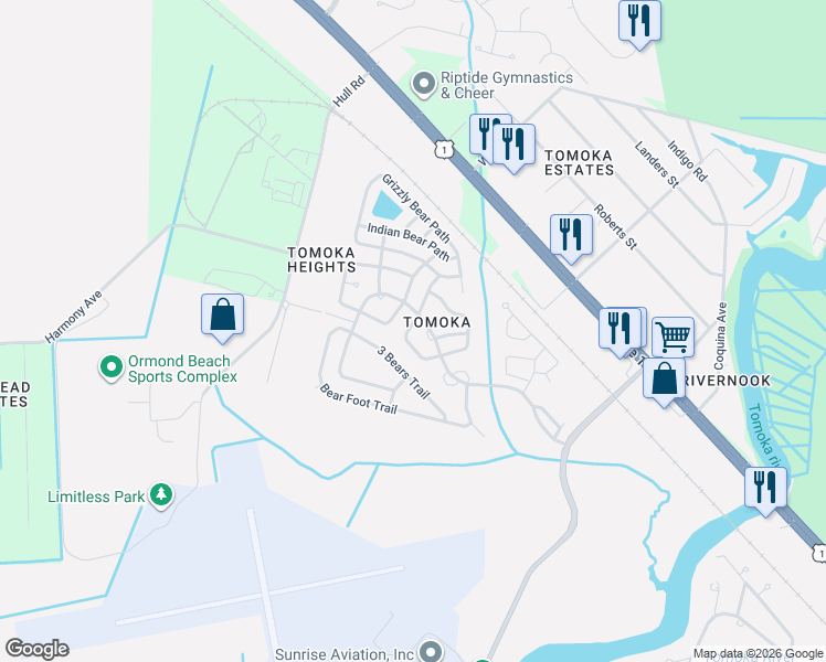 map of restaurants, bars, coffee shops, grocery stores, and more near 122 Bear Creek Path in Ormond Beach