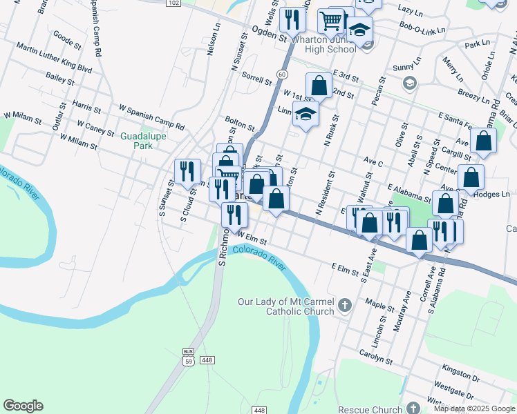 map of restaurants, bars, coffee shops, grocery stores, and more near in Wharton