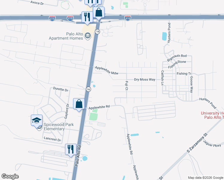map of restaurants, bars, coffee shops, grocery stores, and more near 10642 Highway 16 in San Antonio