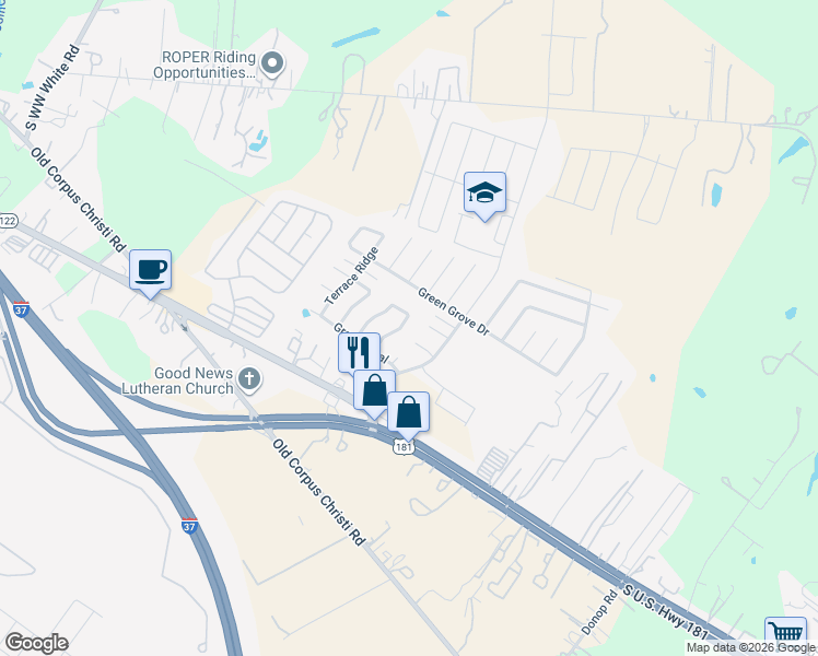 map of restaurants, bars, coffee shops, grocery stores, and more near 10602 Terrace Glen in San Antonio