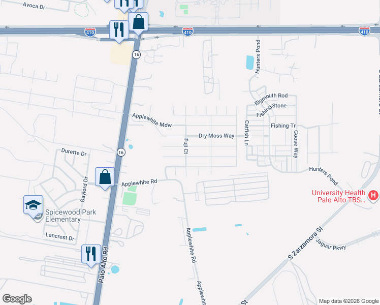 map of restaurants, bars, coffee shops, grocery stores, and more near 10642 State Highway 16 South in San Antonio