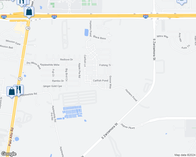 map of restaurants, bars, coffee shops, grocery stores, and more near 10610 Hunters Pond in San Antonio