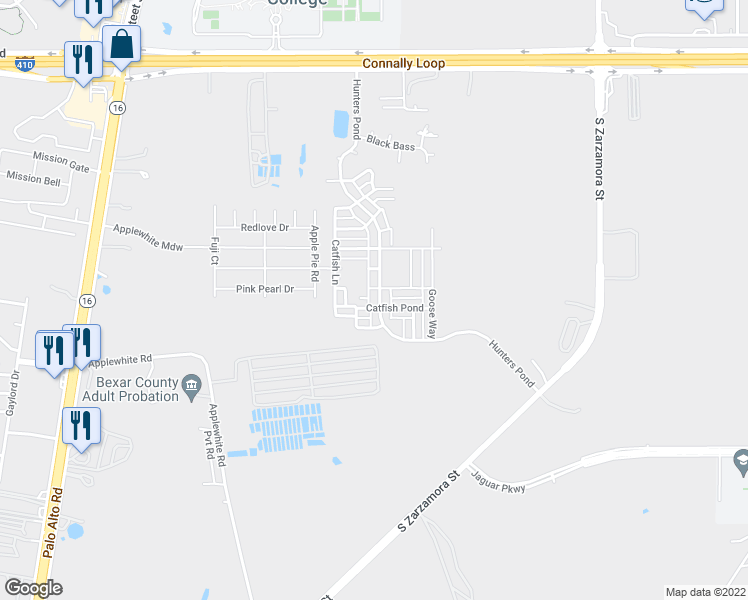 map of restaurants, bars, coffee shops, grocery stores, and more near 10611 Hunters Pond in San Antonio