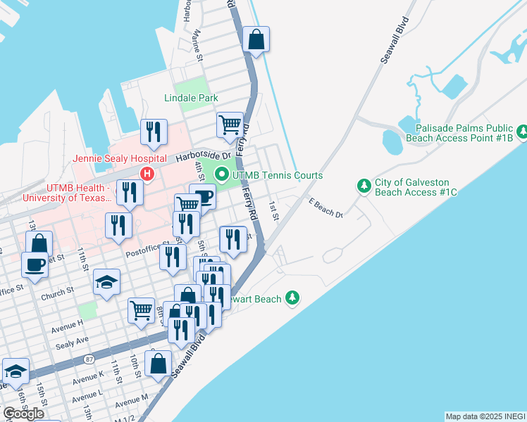 map of restaurants, bars, coffee shops, grocery stores, and more near 515 1st Street in Galveston