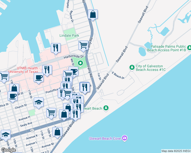 map of restaurants, bars, coffee shops, grocery stores, and more near 515 1st Street in Galveston