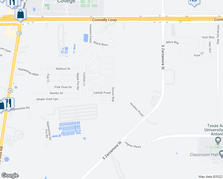 map of restaurants, bars, coffee shops, grocery stores, and more near 10607 Goose Way in San Antonio