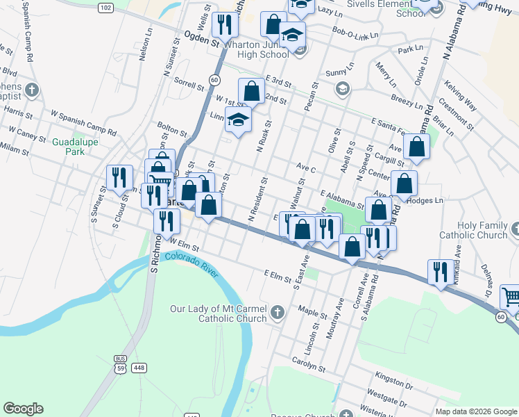map of restaurants, bars, coffee shops, grocery stores, and more near 200 North Resident Street in Wharton