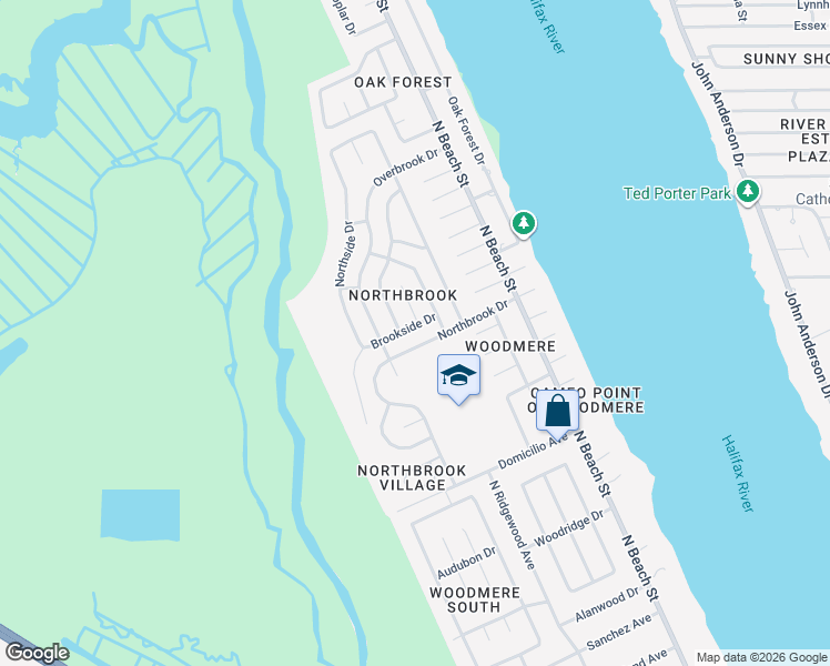 map of restaurants, bars, coffee shops, grocery stores, and more near 900 Brookside Drive in Ormond Beach