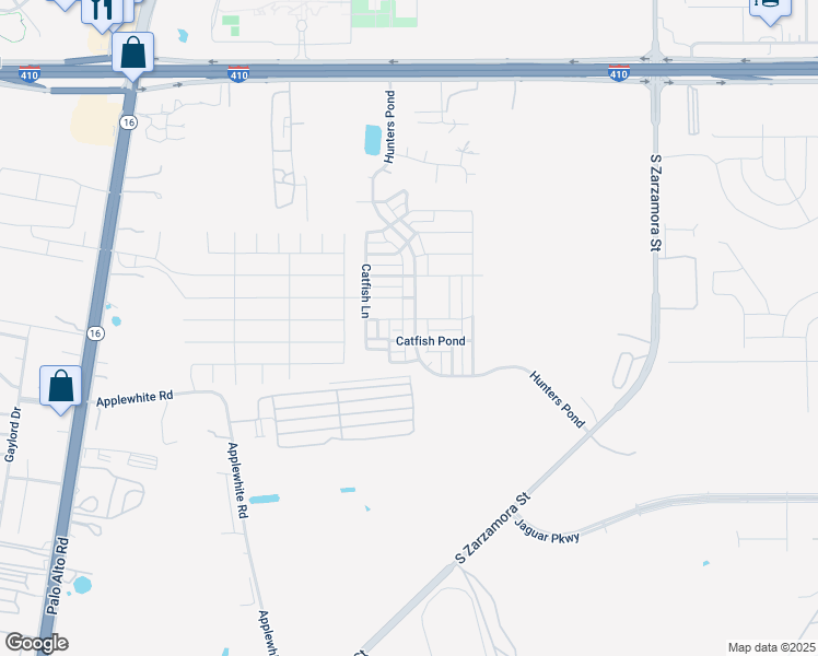 map of restaurants, bars, coffee shops, grocery stores, and more near 10607 Hunters Pond in San Antonio