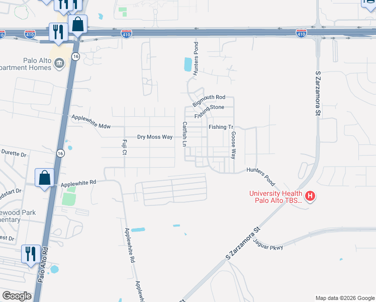 map of restaurants, bars, coffee shops, grocery stores, and more near 10523 Catfish Lane in San Antonio