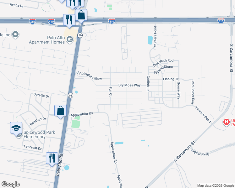 map of restaurants, bars, coffee shops, grocery stores, and more near 10642 State Highway 16 South in San Antonio