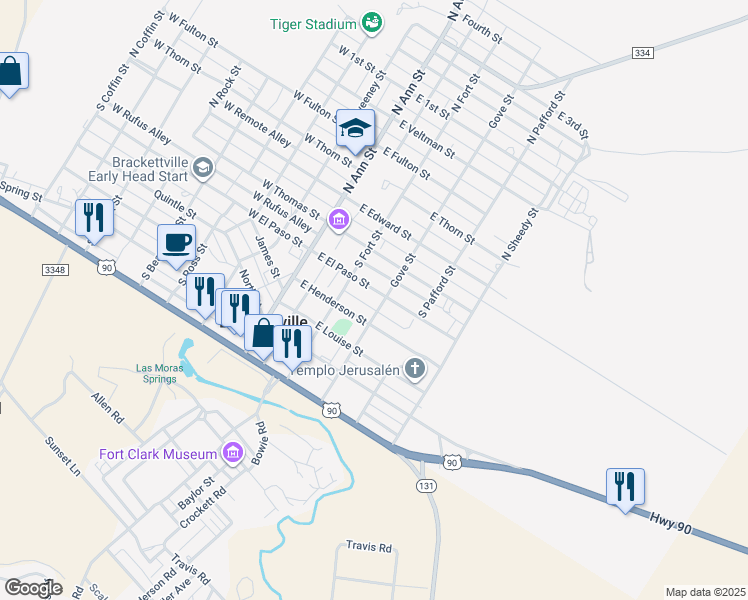 map of restaurants, bars, coffee shops, grocery stores, and more near 315 East El Paso Street in Brackettville