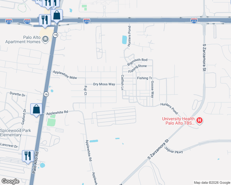 map of restaurants, bars, coffee shops, grocery stores, and more near 2246 Dry Moss Way in San Antonio