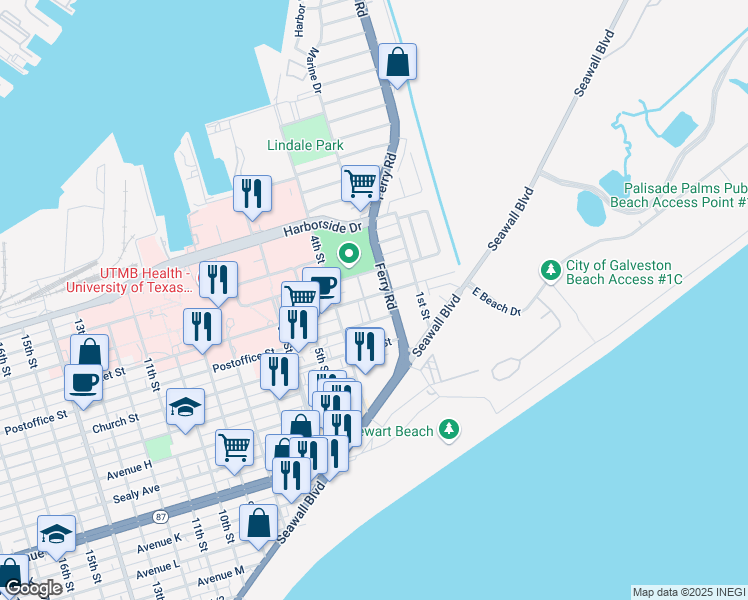 map of restaurants, bars, coffee shops, grocery stores, and more near 215 Market Street in Galveston