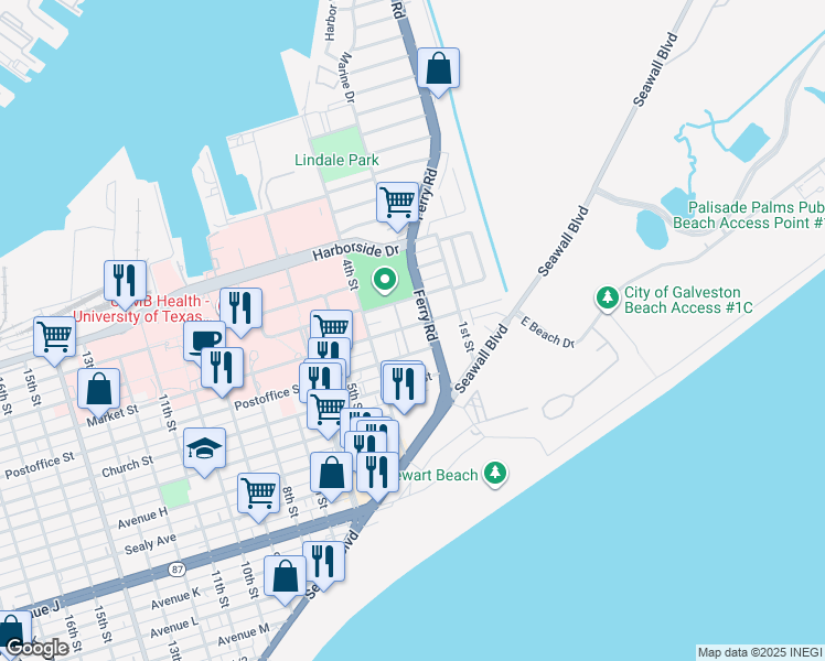 map of restaurants, bars, coffee shops, grocery stores, and more near 215 Market Street in Galveston