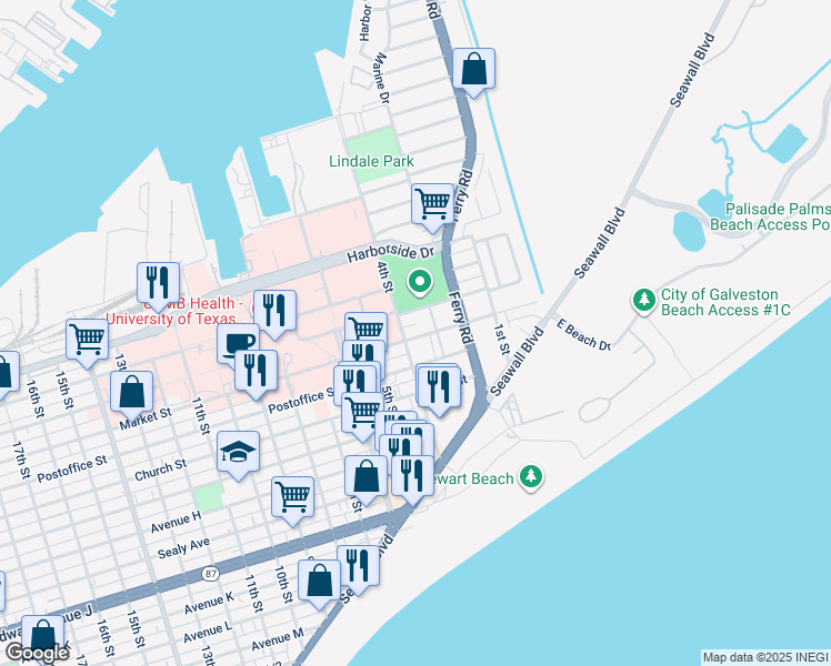 map of restaurants, bars, coffee shops, grocery stores, and more near 320 Market Street in Galveston