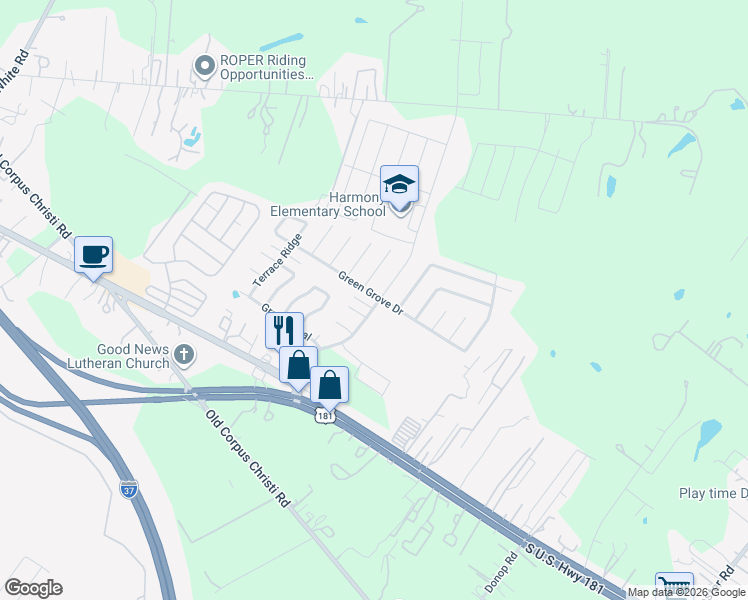 map of restaurants, bars, coffee shops, grocery stores, and more near 5454 Green Grove Drive in San Antonio