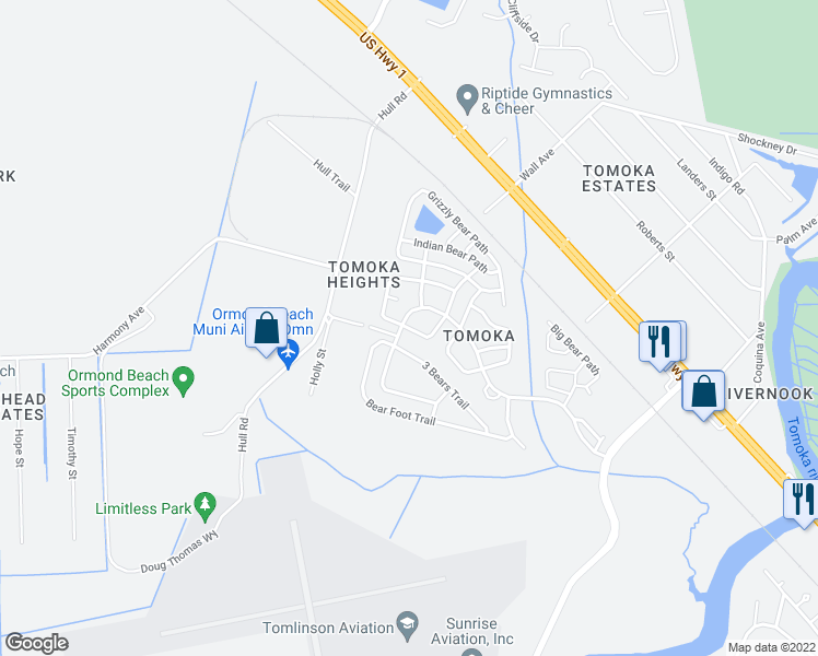 map of restaurants, bars, coffee shops, grocery stores, and more near 2-22 Bear Tooth Path in Ormond Beach