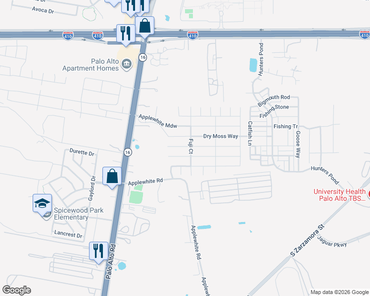 map of restaurants, bars, coffee shops, grocery stores, and more near 10642 Highway 16 in San Antonio