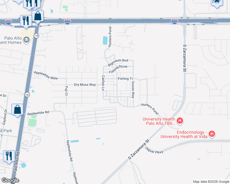 map of restaurants, bars, coffee shops, grocery stores, and more near 10603 Hunters Pond in San Antonio