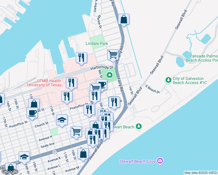 map of restaurants, bars, coffee shops, grocery stores, and more near 320 Market Street in Galveston