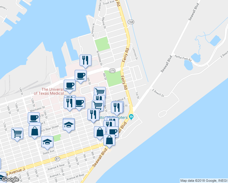 map of restaurants, bars, coffee shops, grocery stores, and more near 320 Market Street in Galveston