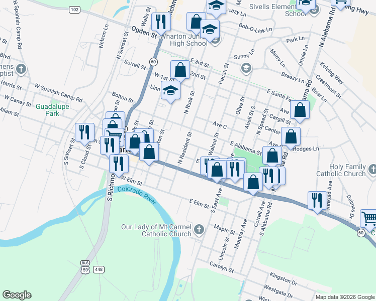 map of restaurants, bars, coffee shops, grocery stores, and more near 212 North Resident Street in Wharton
