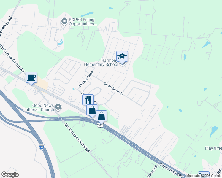 map of restaurants, bars, coffee shops, grocery stores, and more near 5454 Green Grove Drive in San Antonio