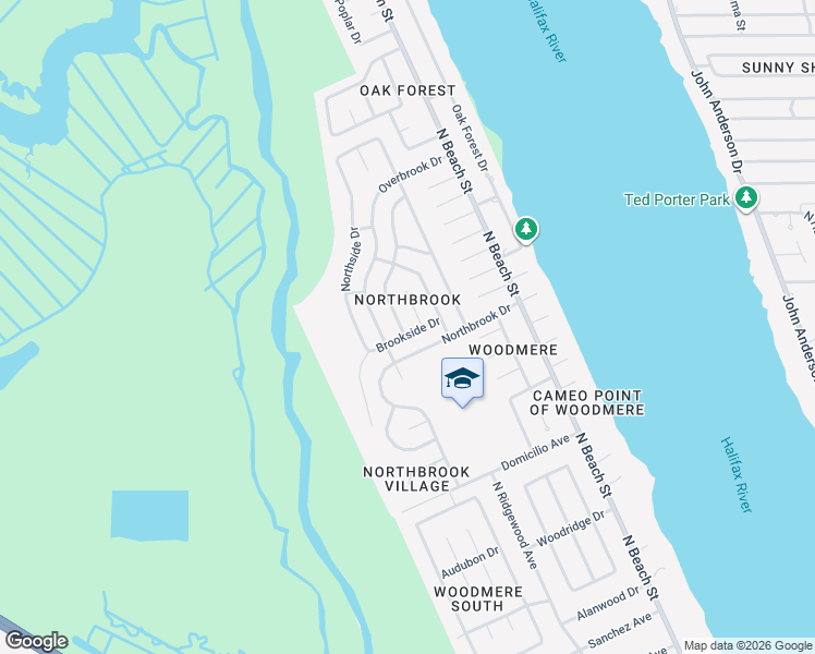 map of restaurants, bars, coffee shops, grocery stores, and more near 900 Brookside Drive in Ormond Beach