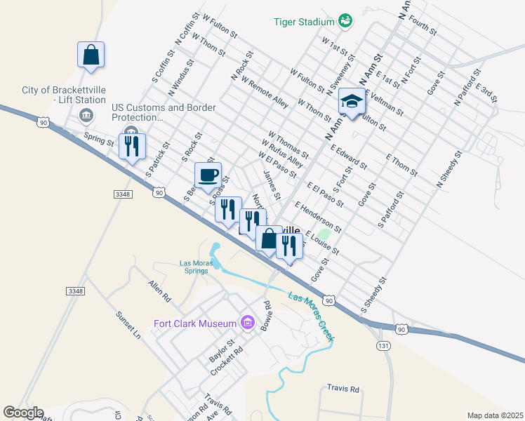 map of restaurants, bars, coffee shops, grocery stores, and more near 109 North Street in Brackettville