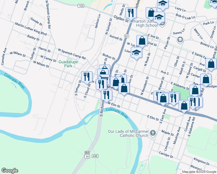 map of restaurants, bars, coffee shops, grocery stores, and more near in Wharton