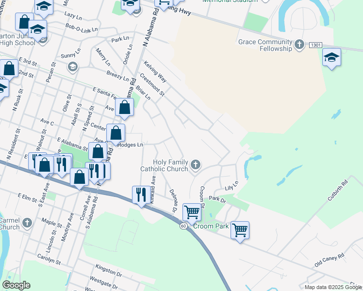 map of restaurants, bars, coffee shops, grocery stores, and more near 2017 Briar Lane in Wharton