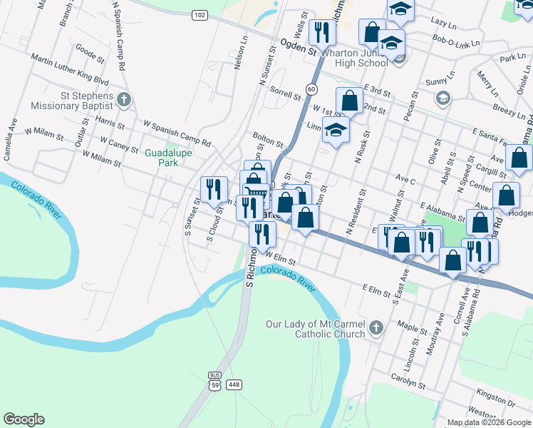 map of restaurants, bars, coffee shops, grocery stores, and more near in Wharton