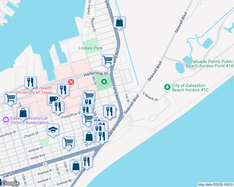 map of restaurants, bars, coffee shops, grocery stores, and more near 216 Market Street in Galveston