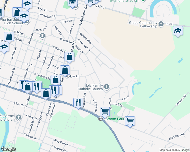 map of restaurants, bars, coffee shops, grocery stores, and more near 2017 Briar Lane in Wharton