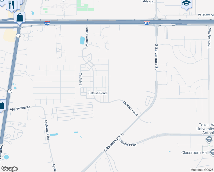 map of restaurants, bars, coffee shops, grocery stores, and more near 10535 Goose Way in San Antonio