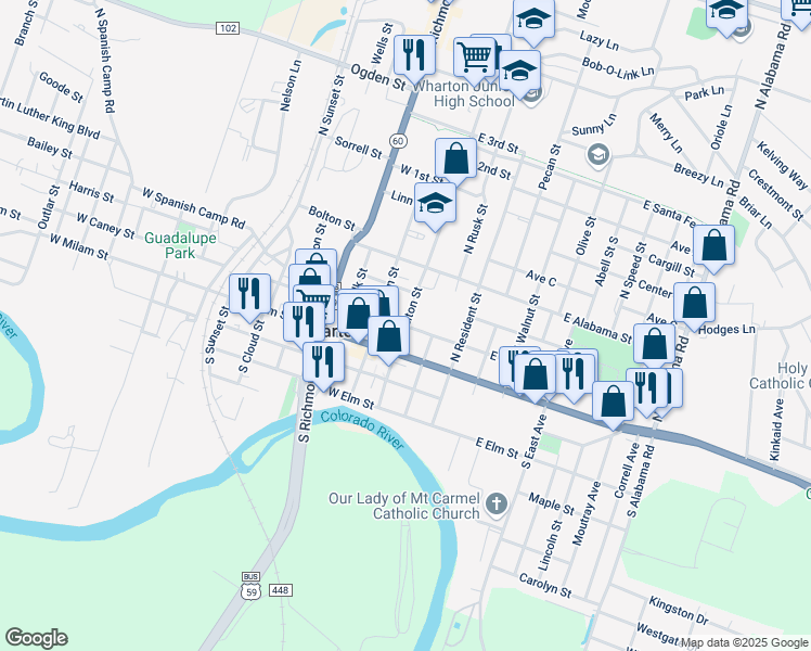 map of restaurants, bars, coffee shops, grocery stores, and more near 200 North Fulton Street in Wharton