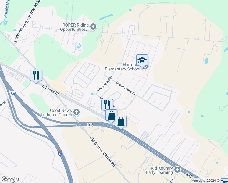 map of restaurants, bars, coffee shops, grocery stores, and more near 10611 Terrace Crest in San Antonio