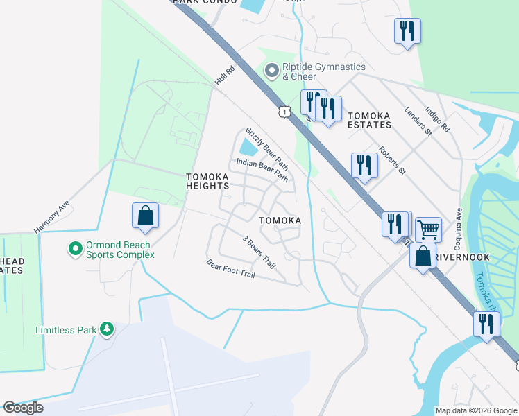 map of restaurants, bars, coffee shops, grocery stores, and more near 22 Bear Tooth Path in Ormond Beach